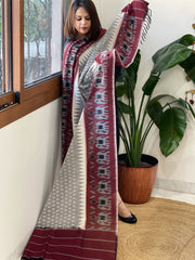 Grey, Maroon Handwoven Ikat Dupatta in Cotton