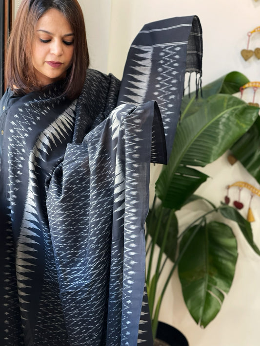 Black Handwoven Ikat Dupatta in Cotton