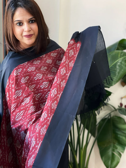 Maroon, Black Handwoven Ikat Dupatta in Cotton