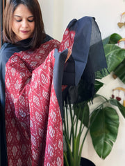 Maroon, Black Handwoven Ikat Dupatta in Cotton