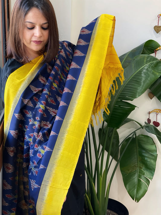 Blue, Yellow Handwoven Ikat Dupatta in Cotton
