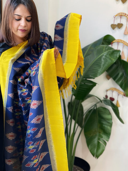 Blue, Yellow Handwoven Ikat Dupatta in Cotton
