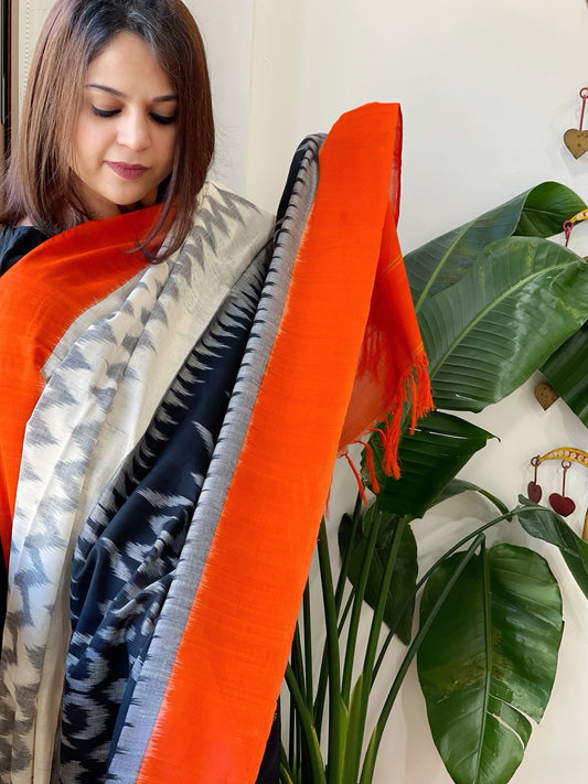 White, Orange Handwoven Ikat Dupatta in Cotton