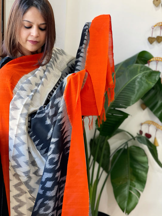 White, Orange Handwoven Ikat Dupatta in Cotton