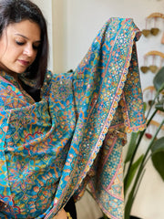 Turquoise Blue Chinon Dupatta with Aari Embroidery
