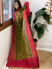 Red, Mehendi Green Handwoven Ikat Dupatta in Cotton
