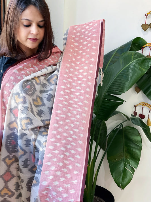 White Handwoven Ikat Dupatta in Cotton