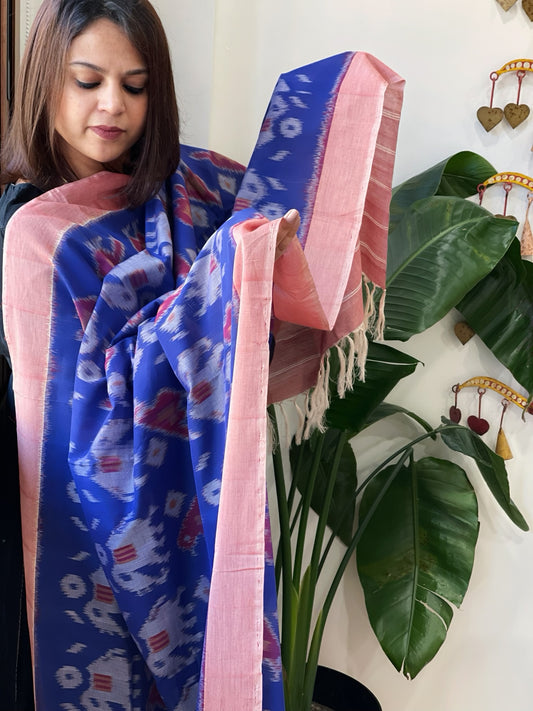 Blue, Red Handwoven Ikat Dupatta in Cotton