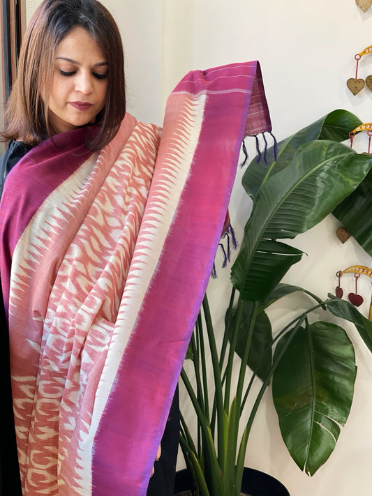 Pink, Purple Handwoven Ikat Dupatta in Cotton