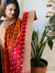 Orange, Red Crepe Dupatta with Mirror and Cut Daana Work with Gota Lace Border