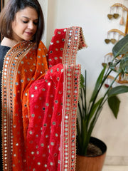 Orange, Red Crepe Dupatta with Mirror and Cut Daana Work with Gota Lace Border