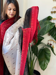 Red, Black Handwoven Ikat Dupatta in Cotton