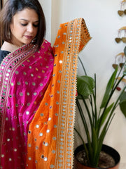 Pink, Orange Crepe Dupatta with Mirror and Cut Daana Work with Gota Lace Border