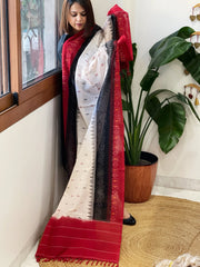 Red, Black Handwoven Ikat Dupatta in Cotton