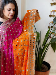 Pink, Orange Crepe Dupatta with Mirror and Cut Daana Work with Gota Lace Border