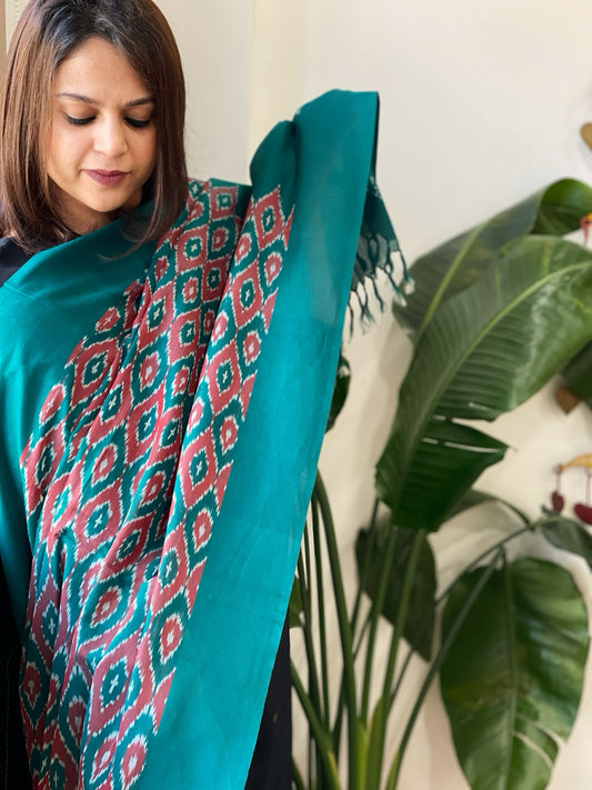 Teal, Red Handwoven Ikat Dupatta in Cotton
