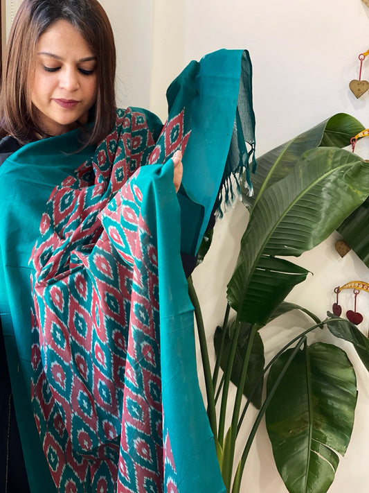 Teal, Red Handwoven Ikat Dupatta in Cotton