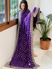Purple Crepe Dupatta with Mirror and Cut Daana Work with Gota Lace Border