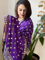 Purple Crepe Dupatta with Mirror and Cut Daana Work with Gota Lace Border