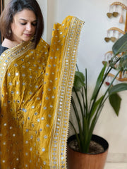 Mustard Crepe Dupatta with Mirror and Cut Daana Work with Gota Lace Border