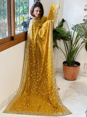 Mustard Crepe Dupatta with Mirror and Cut Daana Work with Gota Lace Border
