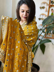 Mustard Crepe Dupatta with Mirror and Cut Daana Work with Gota Lace Border