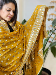 Mustard Crepe Dupatta with Mirror and Cut Daana Work with Gota Lace Border