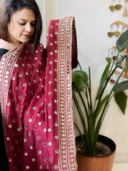 Maroon Crepe Dupatta with Mirror and Cut Daana Work with Gota Lace Border