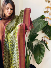 Green, Maroon Handwoven Ikat Dupatta in Cotton
