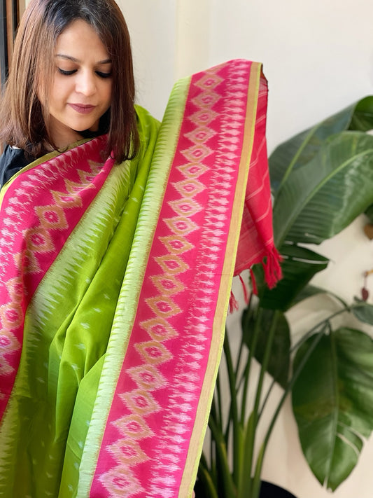 Green, Red Handwoven Ikat Dupatta in Cotton