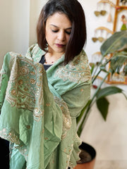 Sea Green Crepe Dupatta with Pearl, Cut Daana, Gold Thread & Sequin Embroidery
