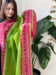 Green, Red Handwoven Ikat Dupatta in Cotton