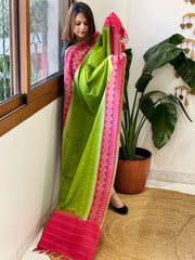 Green, Red Handwoven Ikat Dupatta in Cotton