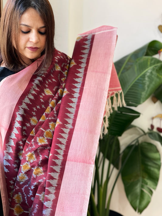 Maroon, Pink Handwoven Ikat Dupatta in Cotton