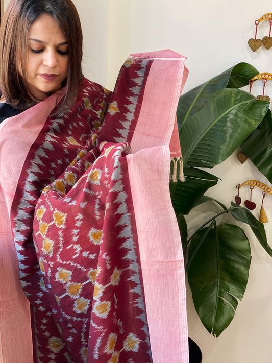 Maroon, Pink Handwoven Ikat Dupatta in Cotton