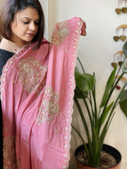 Pink Crepe Dupatta with Pearl, Cut Daana, Gold Thread & Sequin Embroidery