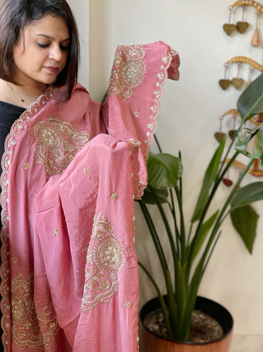 Pink Crepe Dupatta with Pearl, Cut Daana, Gold Thread & Sequin Embroidery