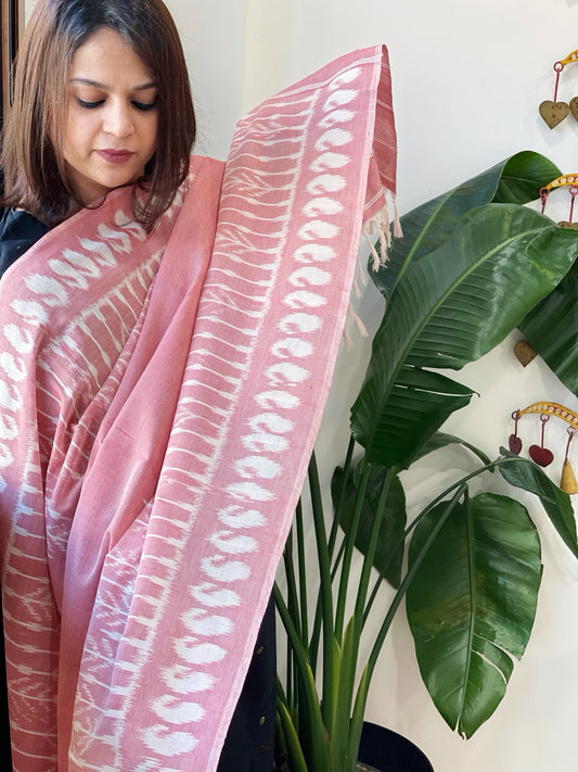 Pink, White Handwoven Ikat Dupatta in Cotton
