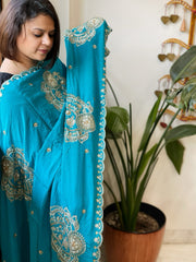 Turquoise Crepe Dupatta with Pearl, Cut Daana, Gold Thread & Sequin Embroidery