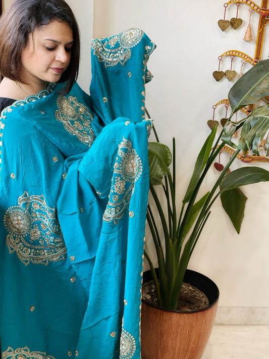 Turquoise Crepe Dupatta with Pearl, Cut Daana, Gold Thread & Sequin Embroidery