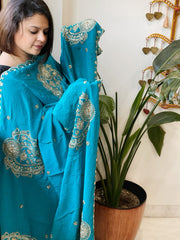 Turquoise Crepe Dupatta with Pearl, Cut Daana, Gold Thread & Sequin Embroidery
