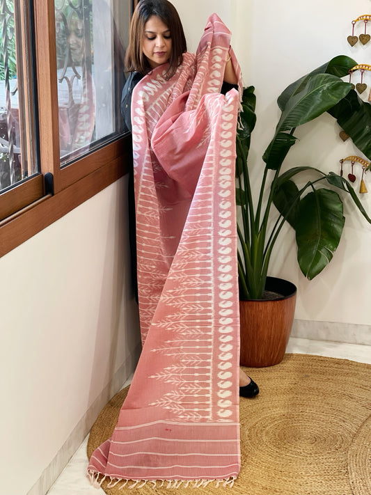 Pink, White Handwoven Ikat Dupatta in Cotton