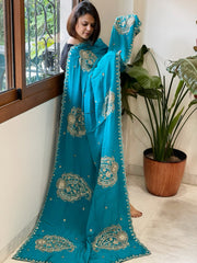 Turquoise Crepe Dupatta with Pearl, Cut Daana, Gold Thread & Sequin Embroidery