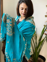 Turquoise Crepe Dupatta with Pearl, Cut Daana, Gold Thread & Sequin Embroidery
