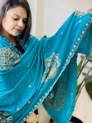 Turquoise Crepe Dupatta with Pearl, Cut Daana, Gold Thread & Sequin Embroidery