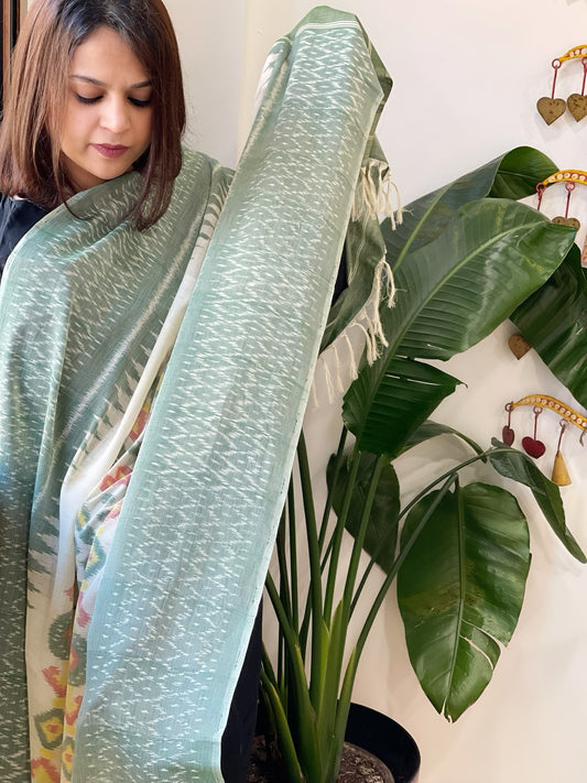 Ivory, Green Handwoven Ikat Dupatta in Cotton