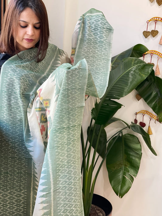 Ivory, Green Handwoven Ikat Dupatta in Cotton