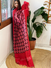 Maroon, Red Handwoven Ikat Dupatta in Cotton