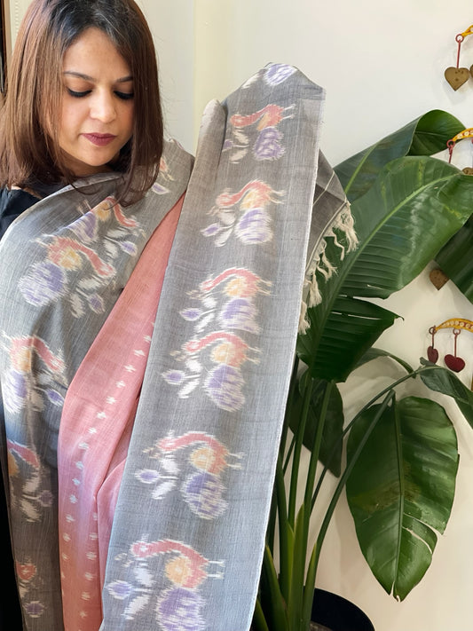 Pink, Grey Handwoven Ikat Dupatta in Cotton