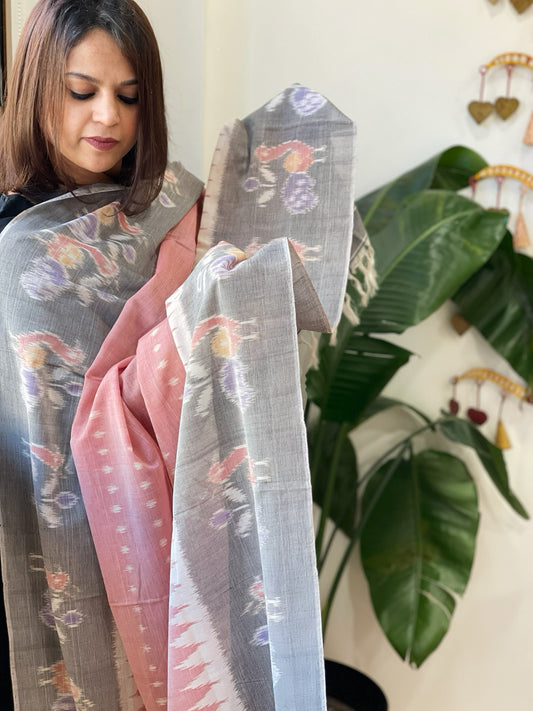 Pink, Grey Handwoven Ikat Dupatta in Cotton